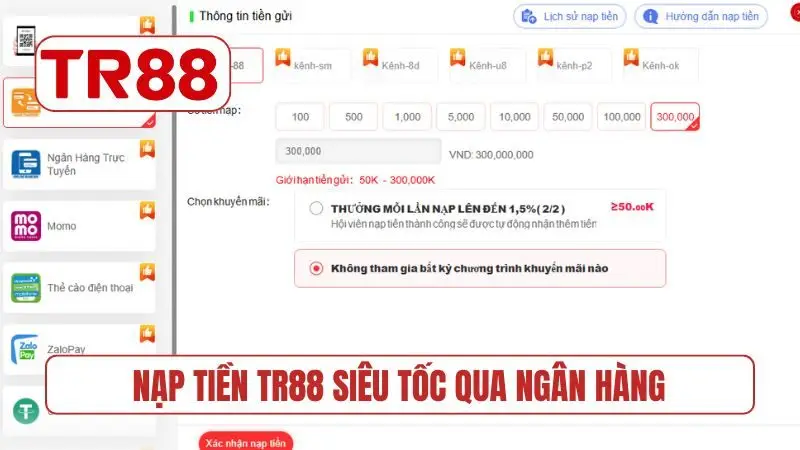 Nạp tiền TR88 siêu tốc qua ngân hàng